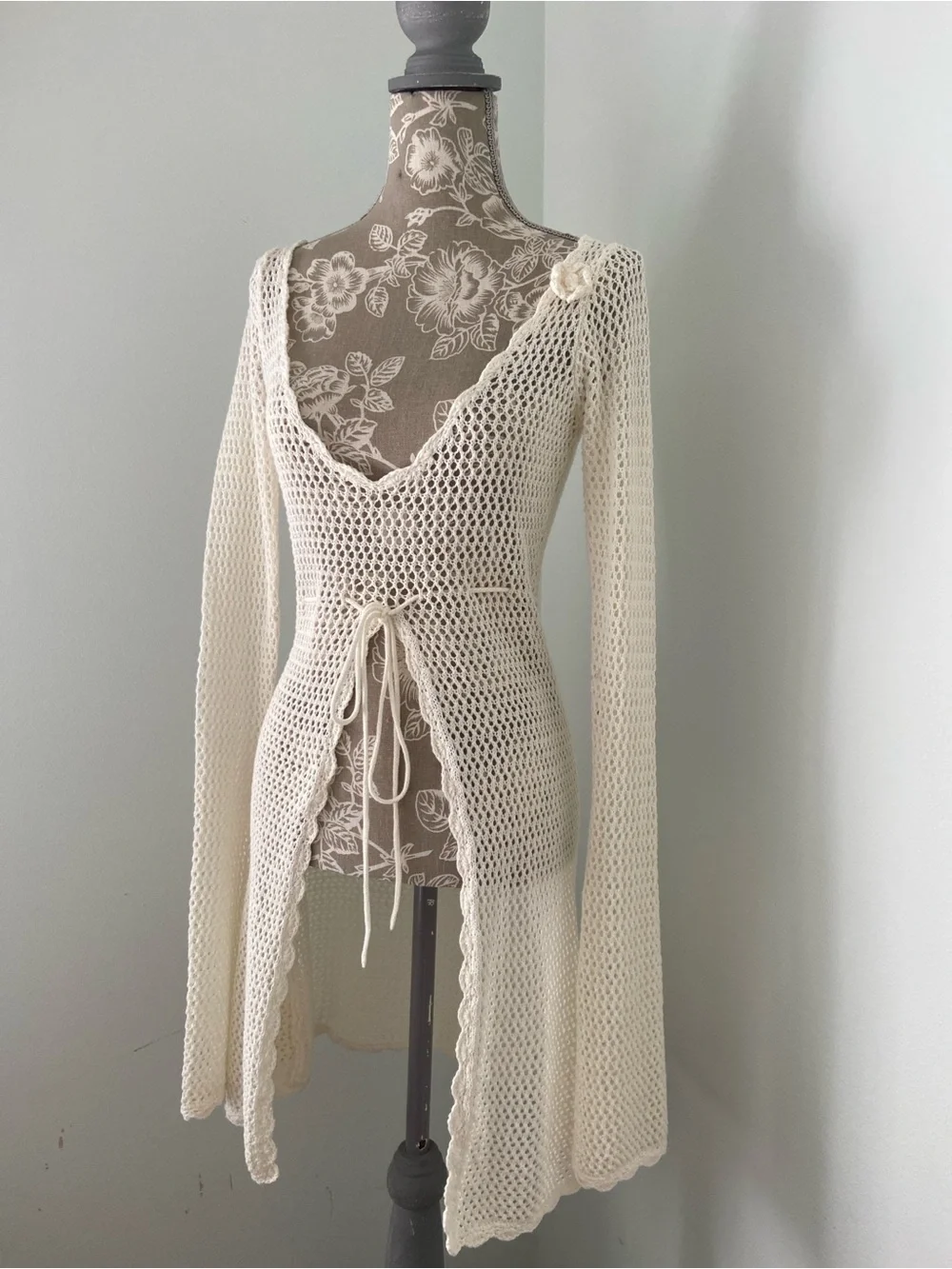 Frankies Bikinis Crochet Collette Cover Up Tunic Cream White XS